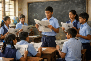 உத்தரப்பிரதேச அரசுப் பள்ளிகளில் மாணவர்கள் செய்தித்தாள் வாசிக்கும் நடவடிக்கை