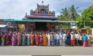 People protest outside Negamam Veeramachiyamman Temple against HR&CE department entry