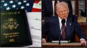 அமெரிக்க ஹெச்1பி விசா ஆவணங்களுடன் பின்னணியில் டொனால்டு டிரம்ப் பேசும் காட்சி