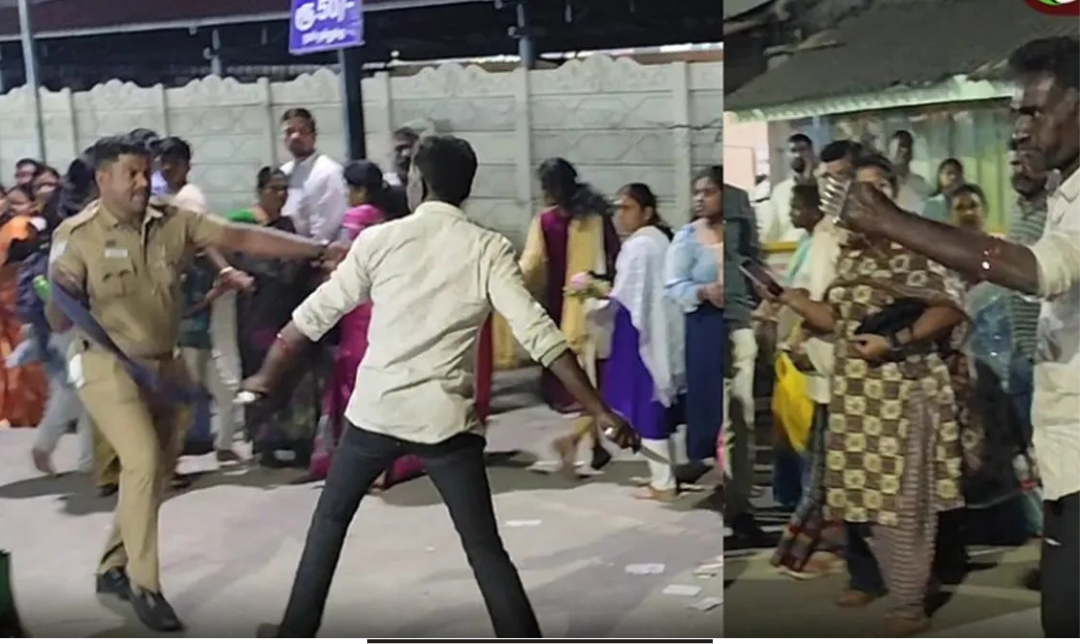 திருப்பூர் வீரராகவ பெருமாள் கோவிலில் பாதுகாப்பு பணியில் இருந்த போலீசார், கத்தி தாக்குதல் முயற்சியில் ஈடுபட்ட நபரை பிடித்த காட்சி