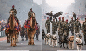 குடியரசு தின விழாவுக்கான பயிற்சியில் இந்திய ராணுவத்தின் கால்நடை பயிற்சி பிரிவின் விலங்குகள் மற்றும் அலங்கார ஊர்திகள்