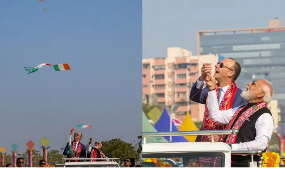 சபர்மதி ஆற்றங்கரையில் நடைபெற்ற சர்வதேச பட்டம் விடும் விழாவில் பட்டம் பறக்கவிட்ட பிரதமர் மோடி மற்றும் ஜெர்மனி அதிபர்.