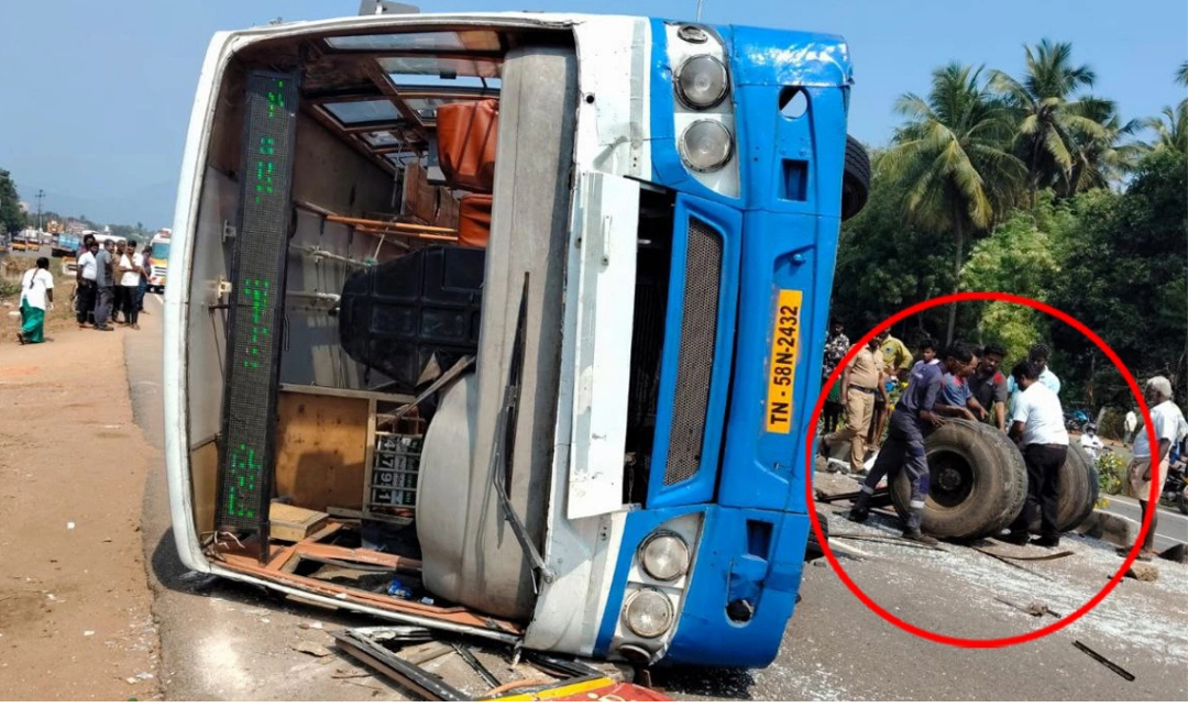 “மதுரை–பழநி அரசு பேருந்து டயர் வெடித்து கவிழ்ந்த விபத்து”