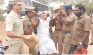 “திருப்பூரில் அரசு நிலத்தில் கட்டப்பட்டதாக கூறப்படும் முருகன் கோயில் அகற்றத்திற்கு எதிராக நடைபெற்ற போராட்டம்”