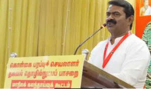 திருச்சியில் நிருபர்களிடம் பேட்டி அளிக்கும் போது இலவச திட்டங்கள் மற்றும் நிதி பற்றாக்குறை குறித்து கருத்து தெரிவிக்கும் சீமான்.