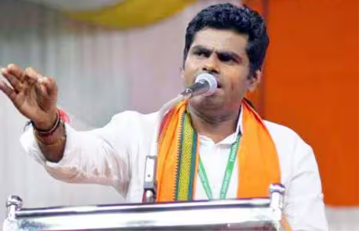 அரசியல் கூட்டத்தில் உரையாற்றும் தலைவர், பின்னணியில் கட்சி கொடிகள் மற்றும் பொதுமக்கள்.