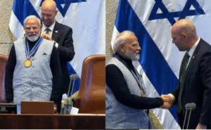 இஸ்ரேல் நெசெட் பார்லிமென்டில் உரையாற்றும் பிரதமர் மோடி மற்றும் அவரை வரவேற்கும் நெதன்யாகு காட்சி