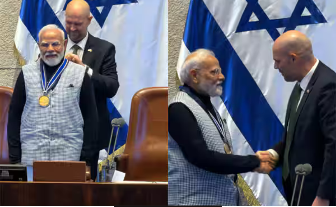 இஸ்ரேல் நெசெட் பார்லிமென்டில் உரையாற்றும் பிரதமர் மோடி மற்றும் அவரை வரவேற்கும் நெதன்யாகு காட்சி