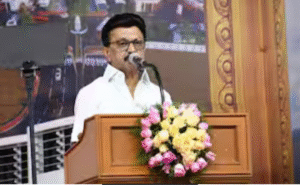 நாகர்கோவிலில் நடைபெற்ற அரசு விழாவில் உரையாற்றும் முதல்வர் ஸ்டாலின் காட்சி