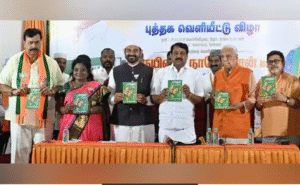 சென்னையில் நடைபெற்ற நூல் வெளியீட்டு விழாவில் பேசும் நயினார் நாகேந்திரன் மற்றும் வேலூர் சையத் இப்ராஹிம்.