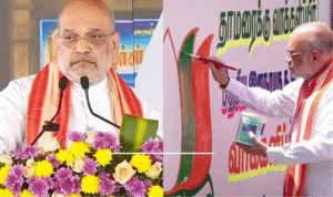 காரைக்காலில் நடைபெற்ற பொதுக்கூட்டத்தில் அமித்ஷா பேசிய நிகழ்வு.