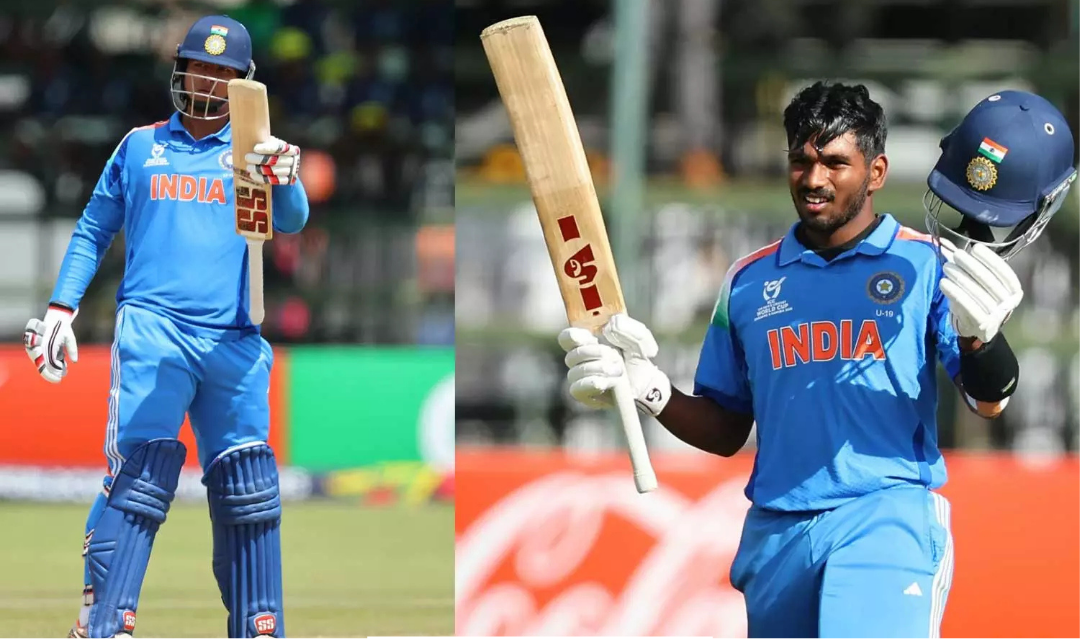 ஆரோன் ஜார்ஜ் சதம் விளாசிய பின்னர் கொண்டாடும் இந்திய யு-19 கிரிக்கெட் அணி