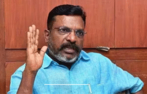 சென்னையில் நிருபர்களிடம் பேட்டி அளிக்கும் திருமாவளவன், கூட்டணி மற்றும் ஆட்சியில் பங்கு குறித்து கருத்து தெரிவிக்கும் காட்சி.