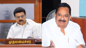 சேப்பாக்கம் அரங்கில் துறை நிகழ்ச்சியை திறந்து வைத்தும் பேசிவரும் முதல்வர் மு. க. ஸ்டாலின்; பங்கேற்காத அமைச்சர் குறித்து கோபமாக பேசுகிறார்.