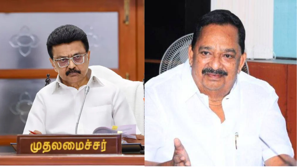 சேப்பாக்கம் அரங்கில் துறை நிகழ்ச்சியை திறந்து வைத்தும் பேசிவரும் முதல்வர் மு. க. ஸ்டாலின்; பங்கேற்காத அமைச்சர் குறித்து கோபமாக பேசுகிறார்.