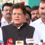 மதுரையில் நிருபர்கள் சந்திப்பில் பேசிய மத்திய அமைச்சர் பியூஷ் கோயல் மற்றும் பொதுக்கூட்ட மேடை தயாரிப்பு காட்சி.