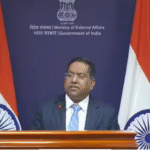 மத்திய கிழக்கு வரைபடம் மற்றும் இந்திய வெளியுறவுத் துறை கட்டிடம் காட்சி.