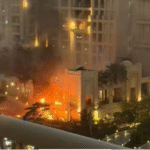 துபாய் நகர skyline மற்றும் பாம் ஜுமேரா பகுதி காட்சி.