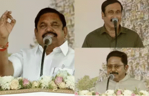 மதுரையில் நடைபெற்ற தேசிய ஜனநாயக கூட்டணி பொதுக்கூட்ட மேடையில் உரையாற்றும் தலைவர்கள் மற்றும் திரண்ட மக்கள் கூட்டம்.