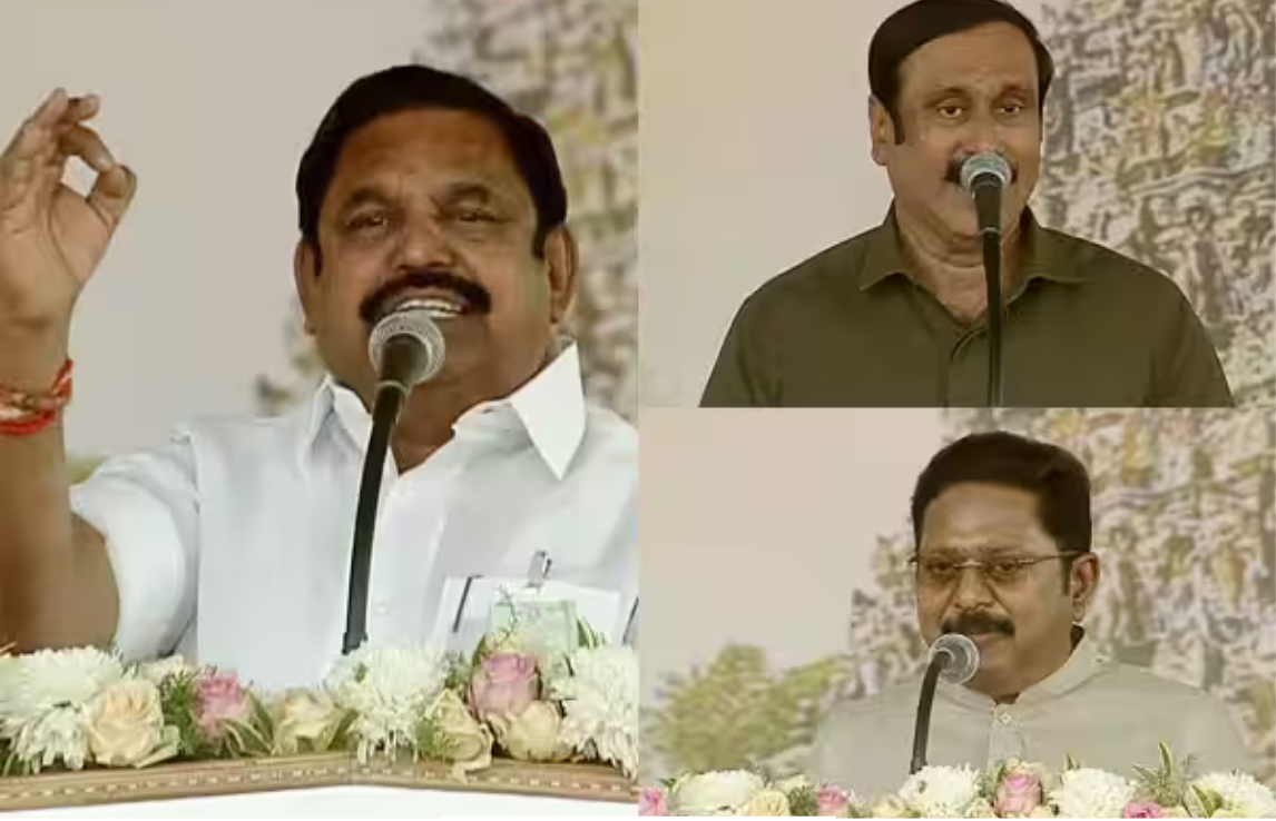 மதுரையில் நடைபெற்ற தேசிய ஜனநாயக கூட்டணி பொதுக்கூட்ட மேடையில் உரையாற்றும் தலைவர்கள் மற்றும் திரண்ட மக்கள் கூட்டம்.