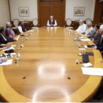 டில்லியில் நடைபெற்ற பாதுகாப்பு விவகாரங்களுக்கான அமைச்சரவை குழு கூட்டத்தில் பிரதமர் மோடி மற்றும் அமைச்சர்கள் கலந்துரையாடும் காட்சி.