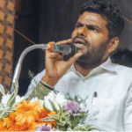 மதுரையில் நடைபெற்ற பொதுக்கூட்டத்தில் உரையாற்றும் பா.ஜ. தலைவர் அண்ணாமலை.