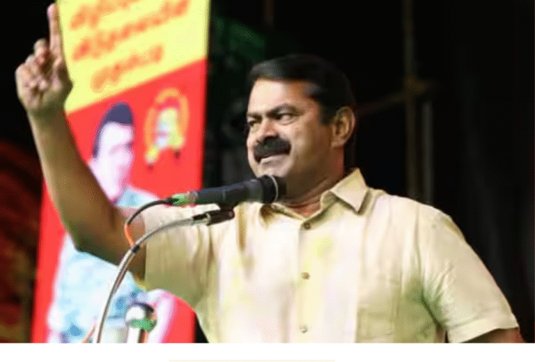 தவெக தலைவர் விஜயின் மகளிர் வாக்குறுதிகள் குறித்து சீமான் செய்தியாளர்களிடம் கருத்து தெரிவிக்கும் காட்சி.