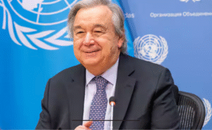 பிரஸ்ஸல்ஸில் நடைபெற்ற ஆலோசனைக்குப் பிறகு செய்தியாளர்களிடம் பேசும் ஐநா பொதுச்செயலாளர் காட்சி