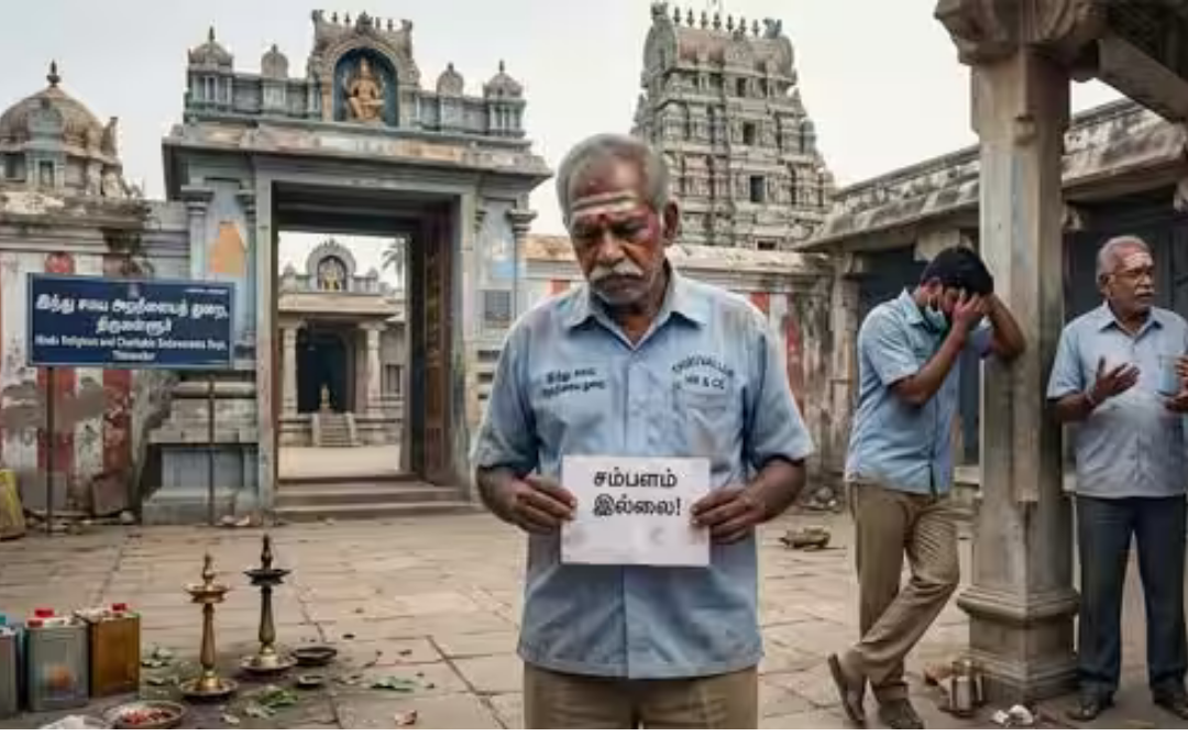 திருவள்ளூர் கோவில் ஊழியர்கள் சம்பளம் பெறாததால் ஏற்பட்ட சிரமம் மற்றும் மின்சாரம் துண்டிப்பு நிலை பற்றிய காட்சி