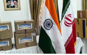 காஷ்மீர் மக்கள் அனுப்பிய உதவி பொருட்கள் மற்றும் ஈரான் துாதரக சமூக வலைதள பதிவு காட்சி