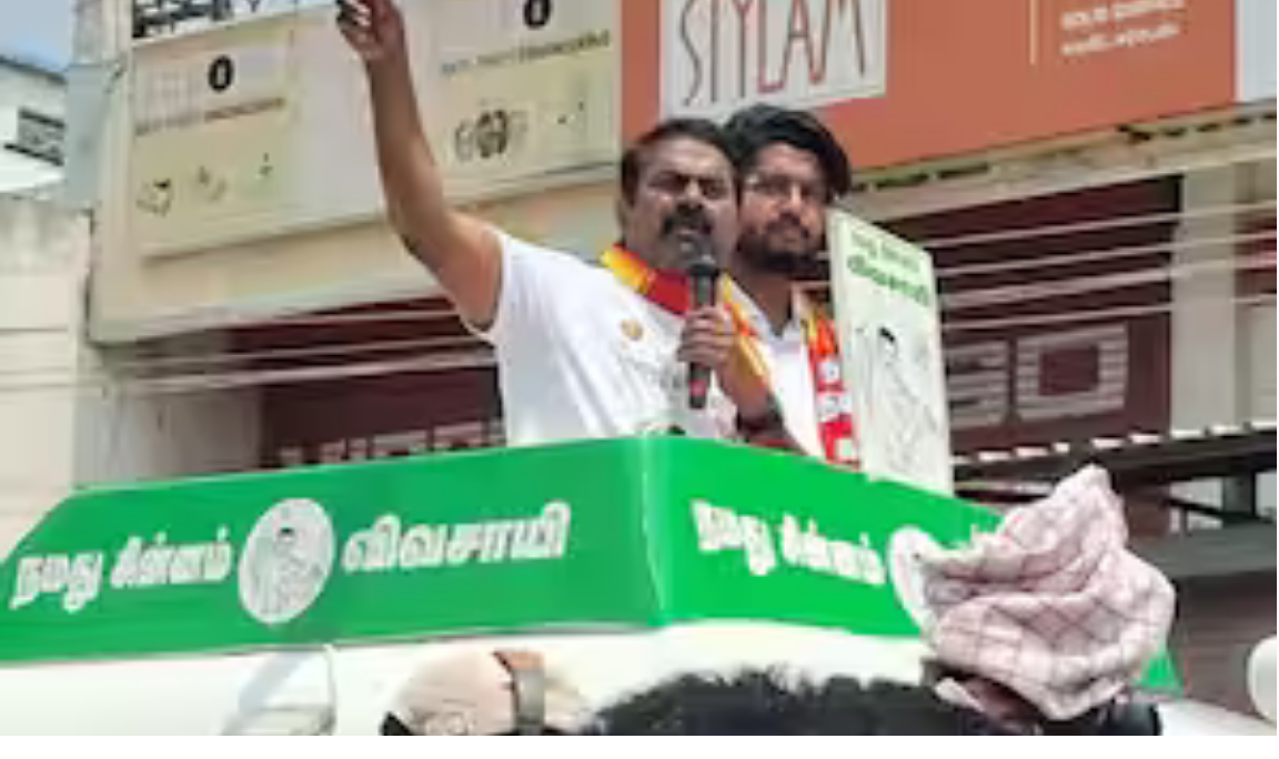 பல்லடம் பிரசார கூட்டத்தில் உரையாற்றும் சீமான் மற்றும் ஆதரவாளர்கள் கூட்டம்