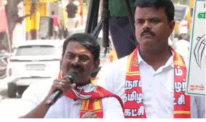 பெரம்பூரில் தேர்தல் பிரசாரத்தில் பேசும் சீமான்