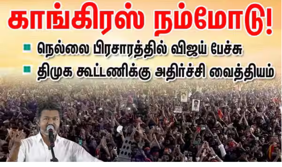 திருநெல்வேலியில் நடைபெற்ற தேர்தல் பிரசார கூட்டத்தில் உரையாற்றும் விஜய்