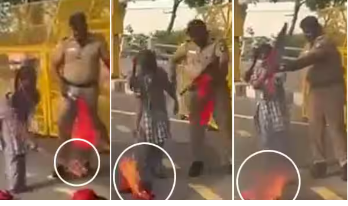 சென்னை தலைமை செயலகம் முன் திமுக கொடி எரிப்பு சம்பவம் தொடர்பாக போலீசார் நடவடிக்கை எடுக்கும் காட்சி