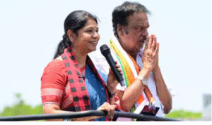 சோளிங்கரில் பிரசாரம் செய்த கனிமொழி எம்.பி. உரையாற்றும் காட்சி