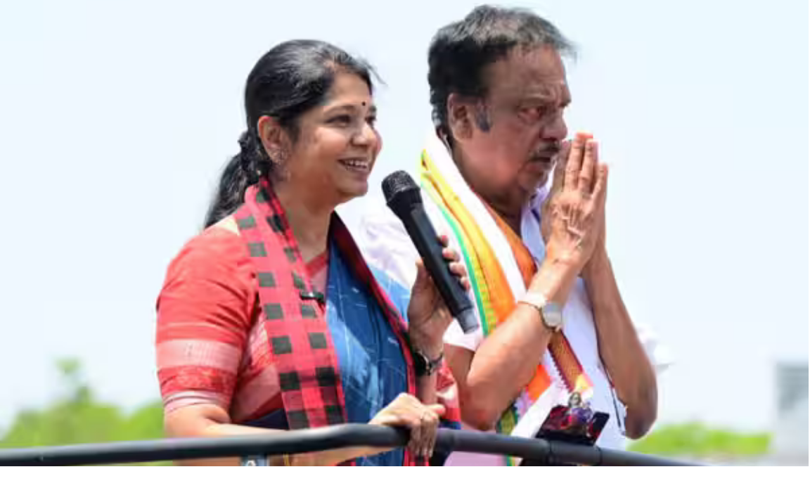 சோளிங்கரில் பிரசாரம் செய்த கனிமொழி எம்.பி. உரையாற்றும் காட்சி