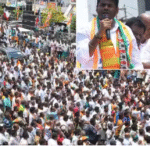 திண்டுக்கலில் தேர்தல் பிரசாரத்தில் பேசும் அண்ணாமலை மற்றும் கூட்டம்