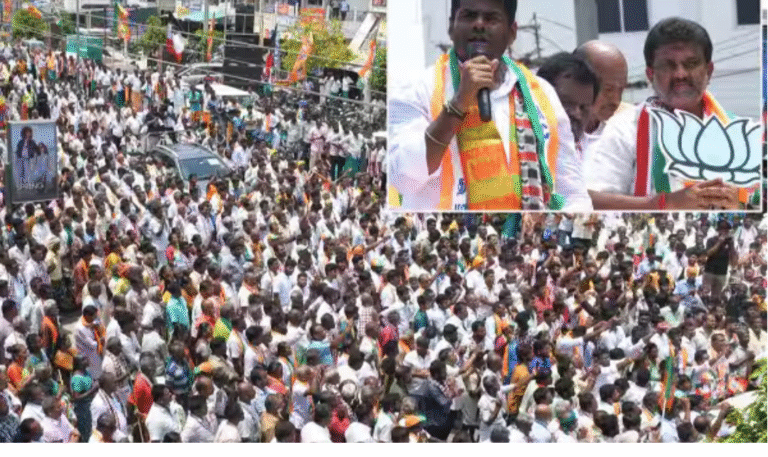 திண்டுக்கலில் தேர்தல் பிரசாரத்தில் பேசும் அண்ணாமலை மற்றும் கூட்டம்