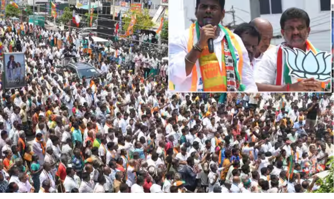 திண்டுக்கலில் தேர்தல் பிரசாரத்தில் பேசும் அண்ணாமலை மற்றும் கூட்டம்