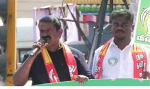 தாம்பரத்தில் தேர்தல் பிரசார கூட்டத்தில் பேசும் சீமான் மற்றும் கூட்டம்