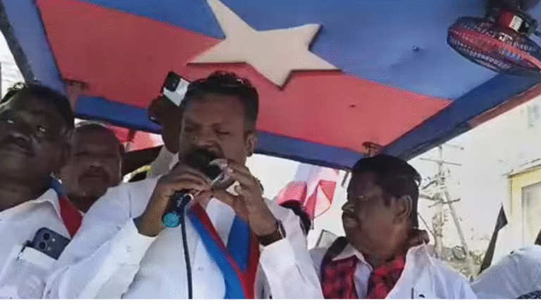 நன்னிலத்தில் தேர்தல் பிரசாரத்தில் பேசும் திருமாவளவன் மற்றும் மக்கள் கூட்டம்