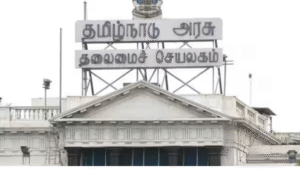 சென்னை தலைமைச் செயலகத்தில் அமைச்சர்கள் மற்றும் அதிகாரிகள் ஆலோசனை நடத்தும் காட்சி
