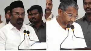 முதல்வர் விஜய் தலைமையிலான அமைச்சரவை விரிவாக்க விழாவில் பதவியேற்றுக்கொள்ளும் வன்னியரசு மற்றும் ஷாஜஹான்.
