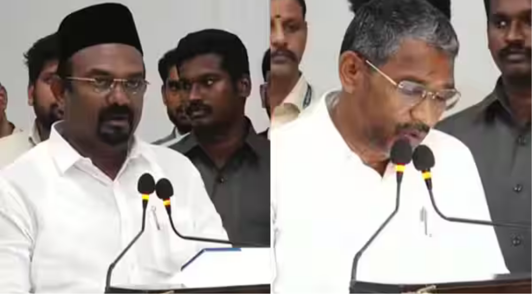 முதல்வர் விஜய் தலைமையிலான அமைச்சரவை விரிவாக்க விழாவில் பதவியேற்றுக்கொள்ளும் வன்னியரசு மற்றும் ஷாஜஹான்.
