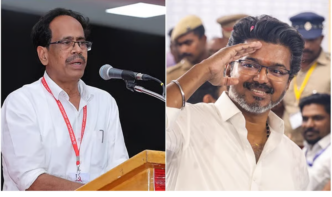 தவெகவுக்கு ஆதரவு அறிவித்த இடதுசாரி கட்சி தலைவர்கள் மற்றும் விஜய் தொடர்பான அரசியல் ஆலோசனை காட்சி.