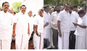 தமிழ்நாடு சட்டப்பேரவைக்கு தனித்தனி அணிகளாக வருகை தரும் அதிமுக எம்எல்ஏக்கள்.