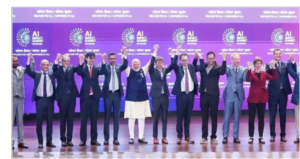 AI உச்சி மாநாடு 2026-ல் உலகத் தலைவர்கள், தொழில்நுட்ப நிறுவனங்கள் மற்றும் இந்தியாவின் செயற்கை நுண்ணறிவு முன்னெடுப்புகள் இடம்பெறும் காட்சி