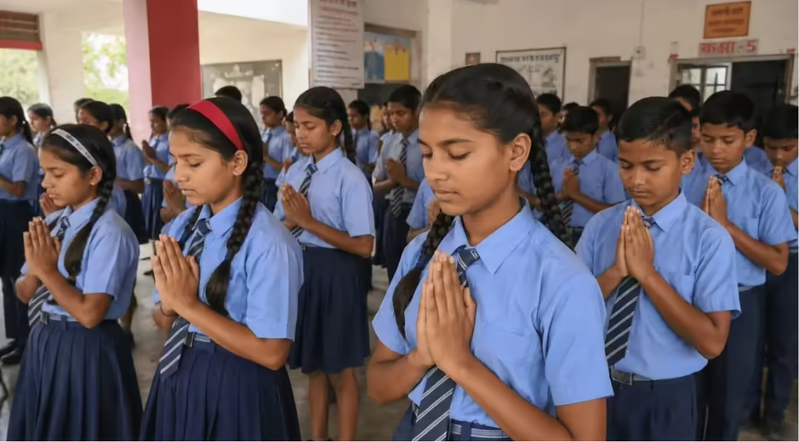சத்தீஸ்கர் அரசு பள்ளியில் காலை வழிபாட்டு கூட்டத்தில் பங்கேற்கும் மாணவர்கள்.