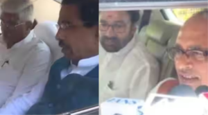 அமைச்சரவை கூட்டத்தில் பங்கேற்க குழுவாக ஒரே காரில் பயணம் செய்யும் மத்திய அமைச்சர்கள்.