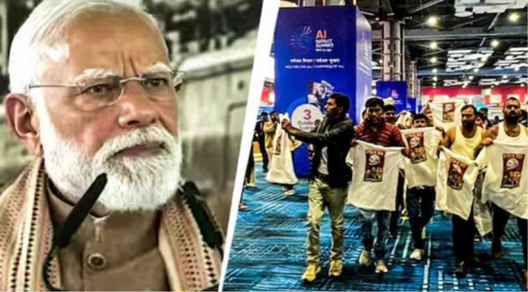 செயற்கை நுண்ணறிவு மாநாட்டில் ஏற்பட்ட அரசியல் சர்ச்சை மற்றும் போராட்டம் குறித்து விவாதிக்கும் காட்சிப்படம்